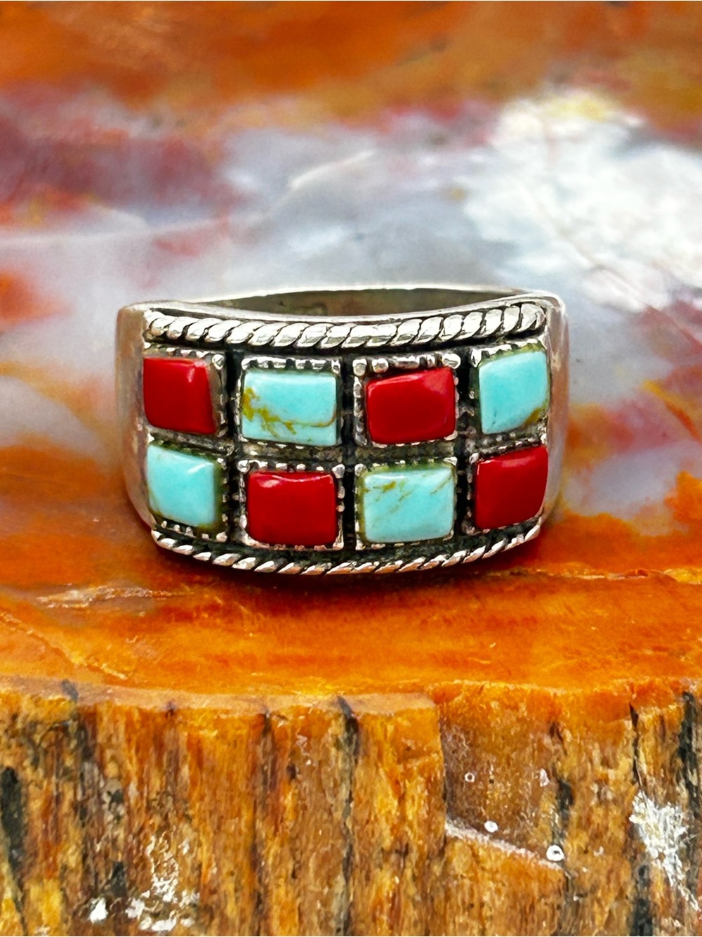 Sterling Silver Coral and Turquoise Checkered Ring - Size 6